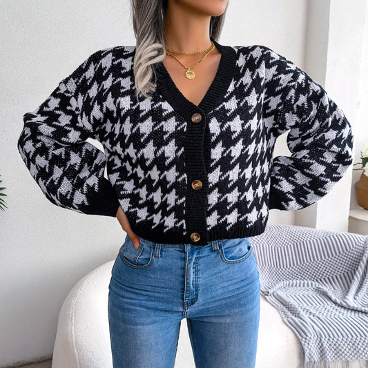 Houndstooth V-Neck Dropped Shoulder Cropped Cardigan