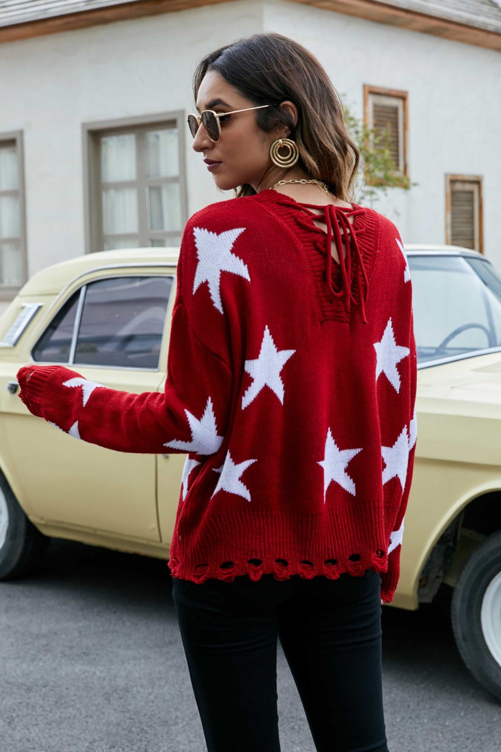 Star Pattern Lace-Up Drop Shoulder Sweater