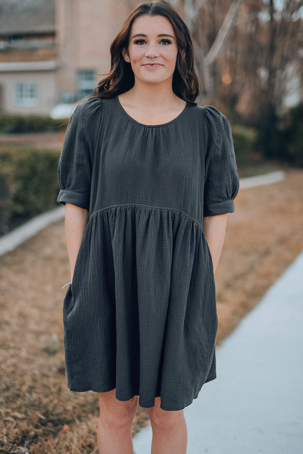 Round Neck Puff Sleeve Dress with Pockets