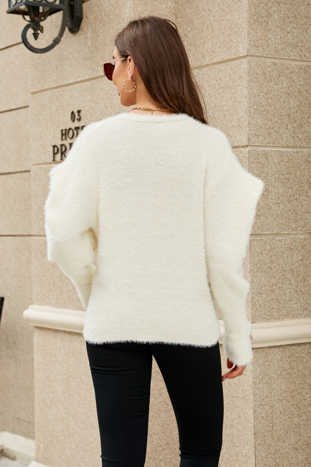 Puff Sleeve V-Neck Fuzzy Cardigan