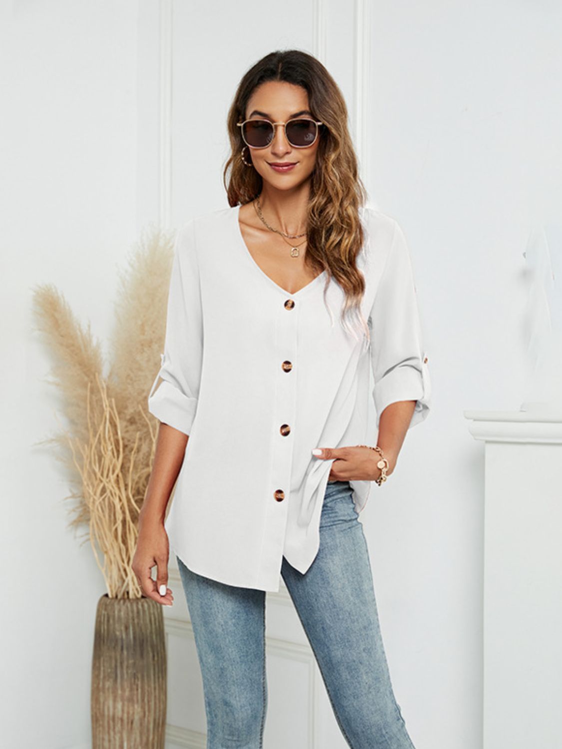 Roll-Tap Long Sleeve V-Neck Buttoned Blouse