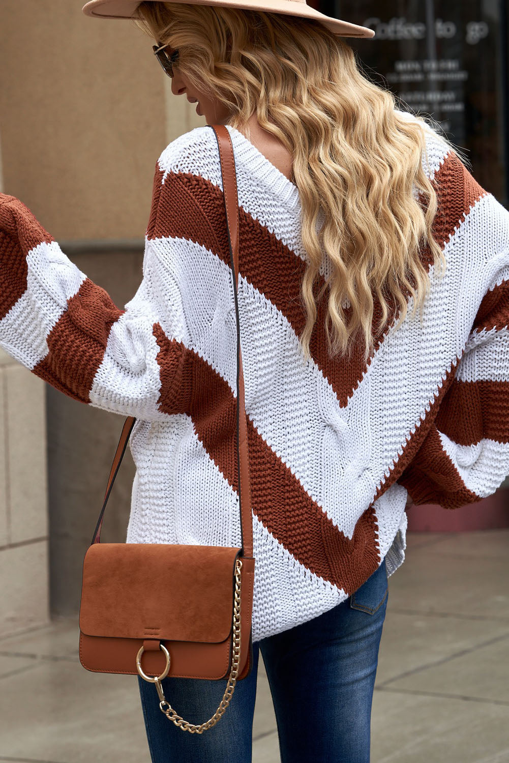 Chevron Cable-Knit V-Neck Tunic Sweater