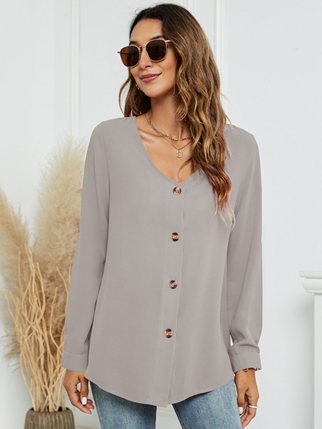 Roll-Tap Long Sleeve V-Neck Buttoned Blouse