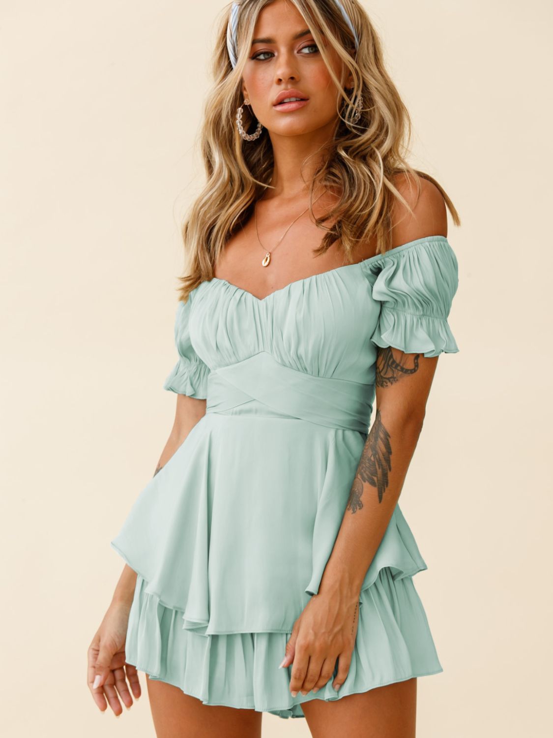 Off Shoulder Flounce Sleeve Romper