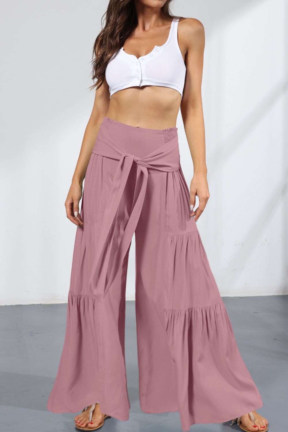 Tie Front Smocked Tiered Culottes