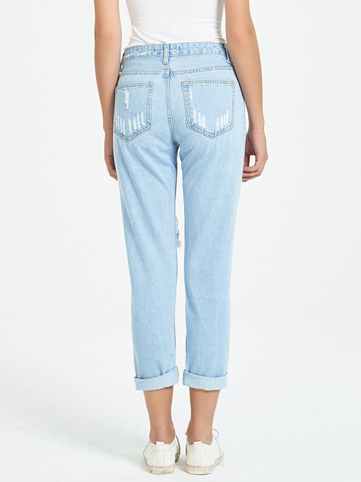 Button Fly Distressed Cropped Jeans