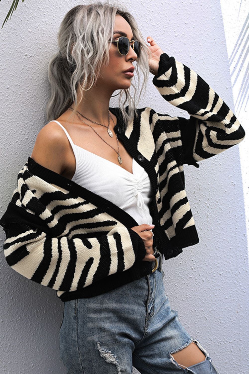 Striped Button-Down Round Neck Drop Shoulder Cardigan