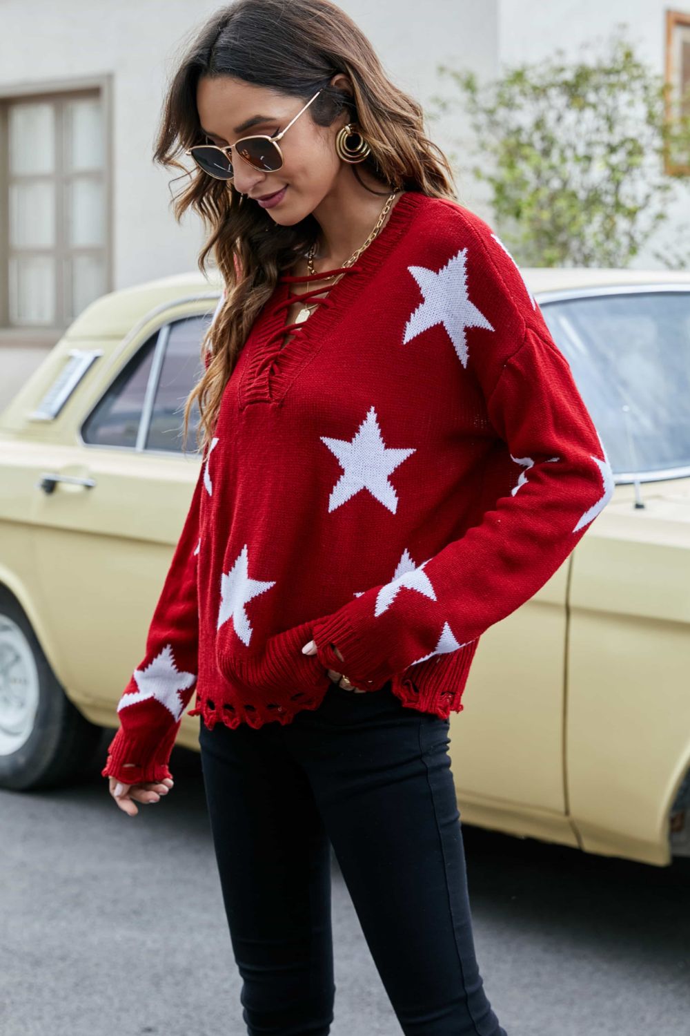 Star Pattern Lace-Up Drop Shoulder Sweater